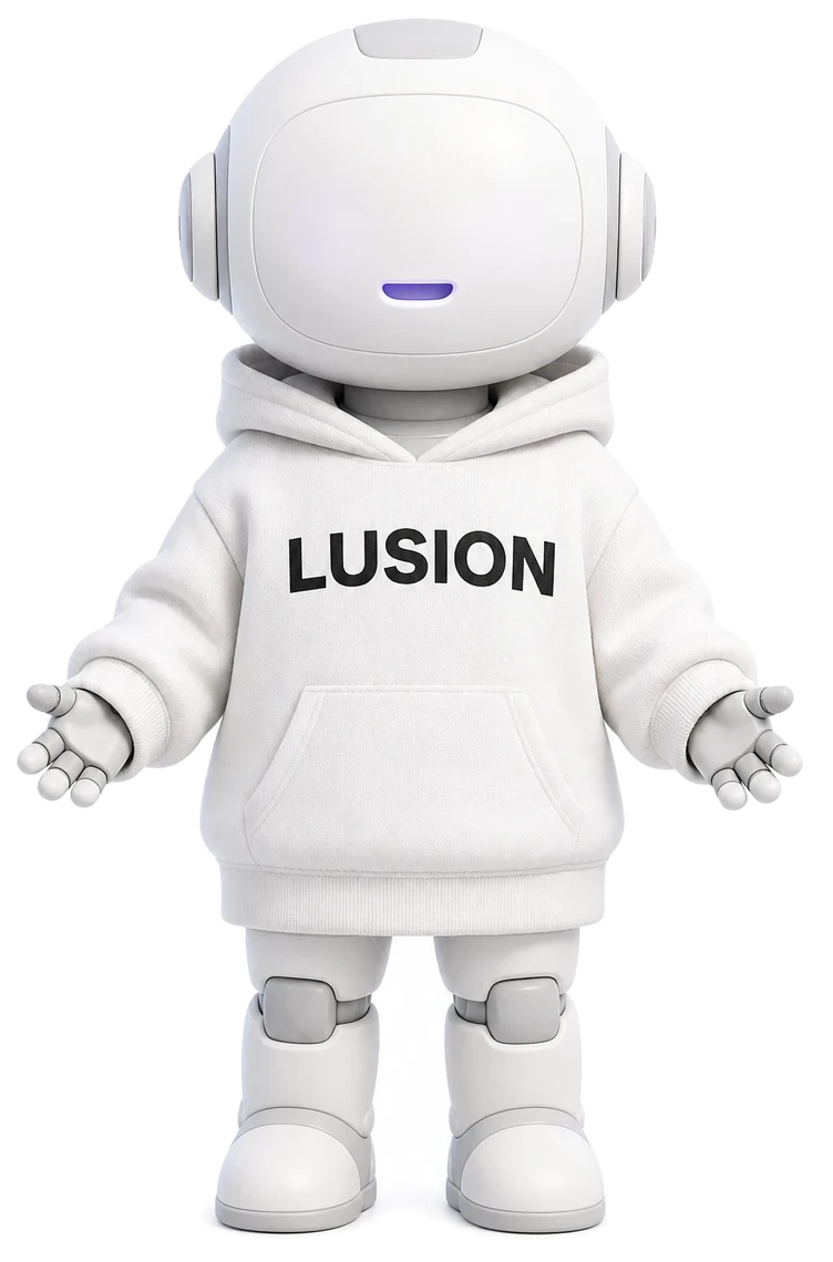 Lusion robot v bielej mikine s nápisom Lusion